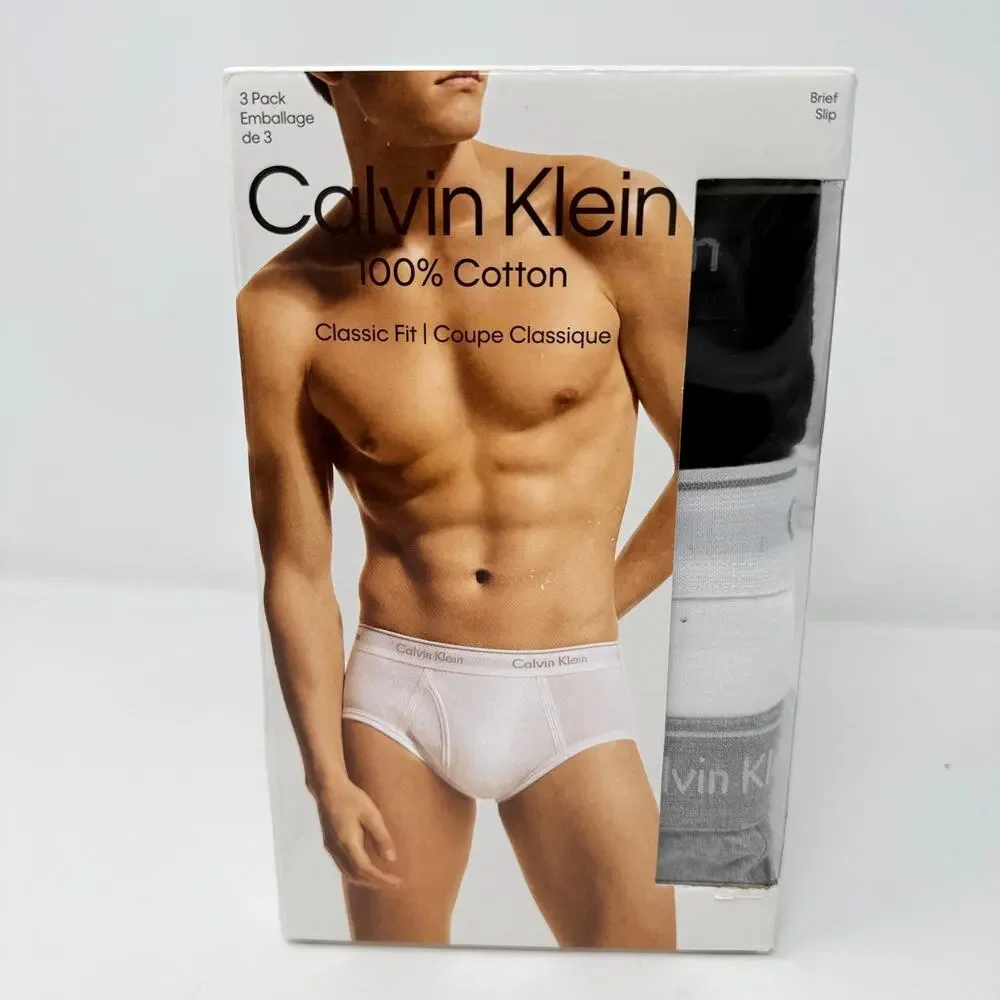 New 3 Calvin Klein Mens 2XL Classic Fit Briefs Slips White 100% Cotton Underwear